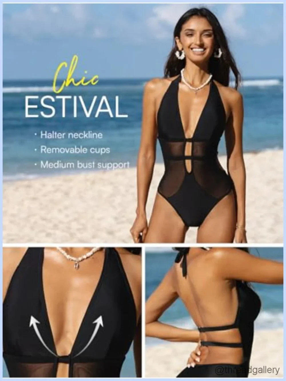 Women's Mesh Monokini One Piece Swimsuit Halter Deep V Plunge Backless Swimwear